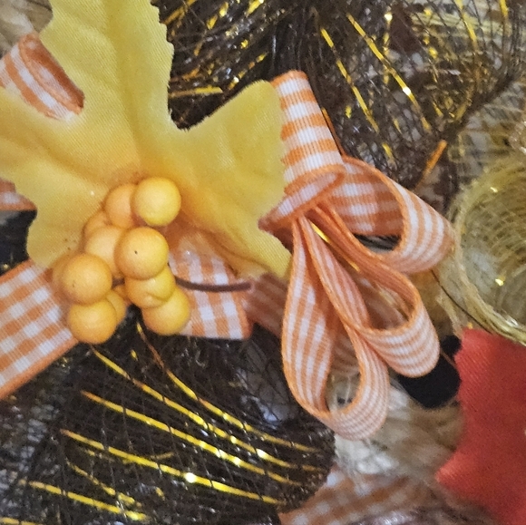 Hand Crafted handmade holiday wreath Harvest Blessings Gnome fabric plaid ribbon - Picture 6 of 17